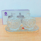 AM5971 Vintage Style Crystal Glass Candy Sugar jar Serving Bowl with Tray, Clear - Set of 3 Pcs