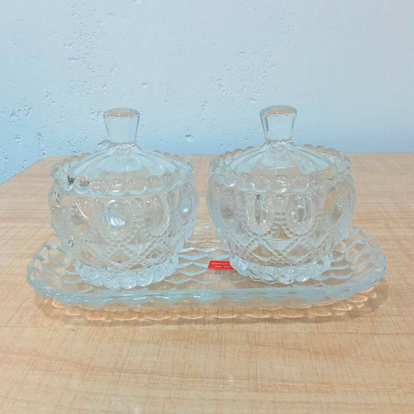 AM5971 Vintage Style Crystal Glass Candy Sugar jar Serving Bowl with Tray, Clear - Set of 3 Pcs