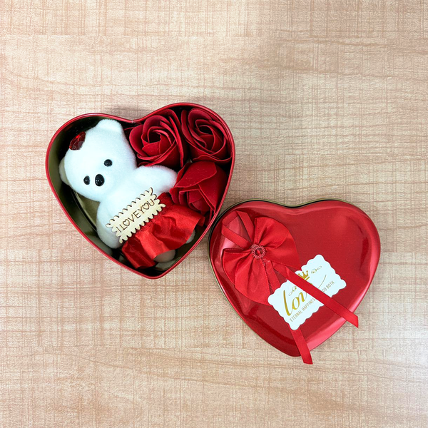 TM0118 Heart-Shaped Metal Gift Tin with Plush Teddy Bear and Scented Rose - Pack Of 1