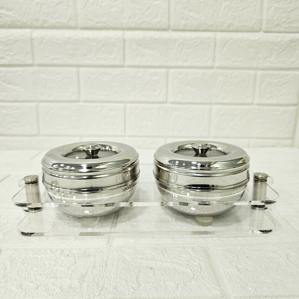 AM6003 Madhuram Stainless Steel Dry Fruit Set – 2 Pcs with Transparent Acrylic Stand