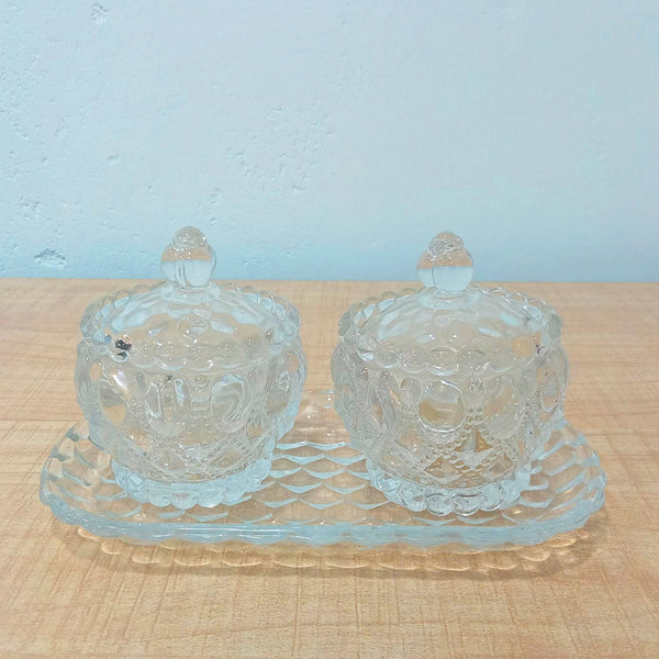 AM5971 Vintage Style Crystal Glass Candy Sugar jar Serving Bowl with Tray, Clear - Set of 3 Pcs