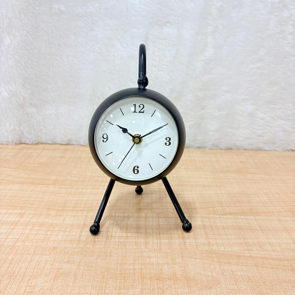 TM0108 Vintage-Style Black Metal Round Table Clock with Tripod Stand - Pack of 1
