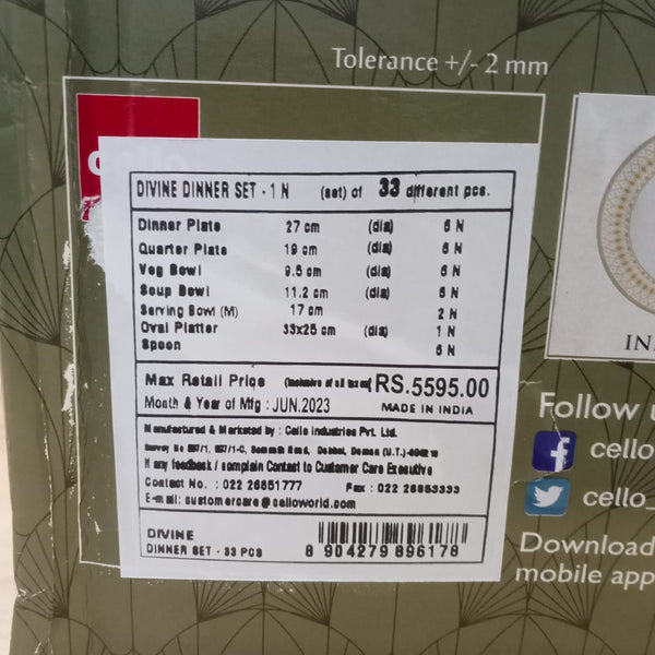 AM5753 Cello Opalware Divine Infinity Dinner Set, 33 Units | Microwave & Dishwasher Safe | Light-Weight & Thermal Resistant | Crockery Set for Dining & Gifting