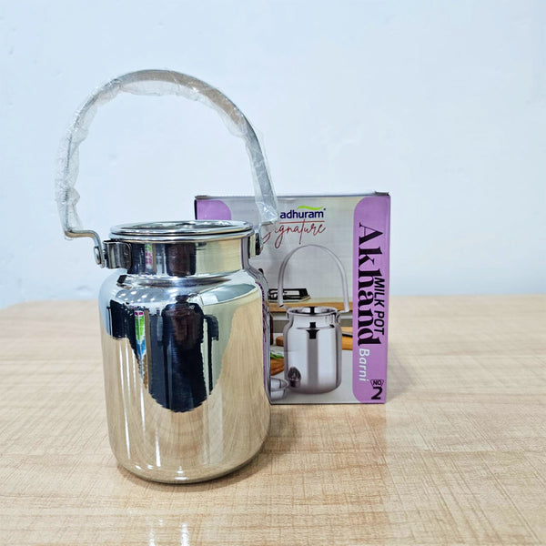 AM6010 Madhuram Stainless Steel Milk Pot Akhand Barni Jar with Lid and Handle - 500ml