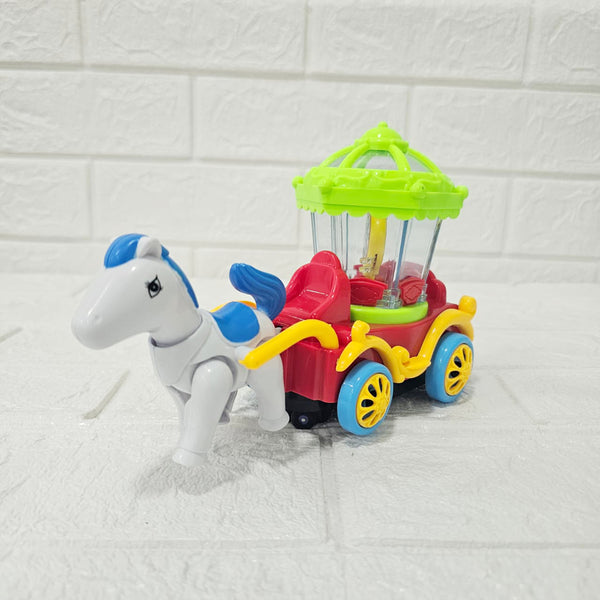 AM6040 Plastic Musical Horse Carriage Toy for Kids, Bump and Go Horse Cart with 360 Degree Rotating Universal Wheal, Battery Operated Horse Cart with Flashing Light, Multicolor, 4+Years (Pack of 1)