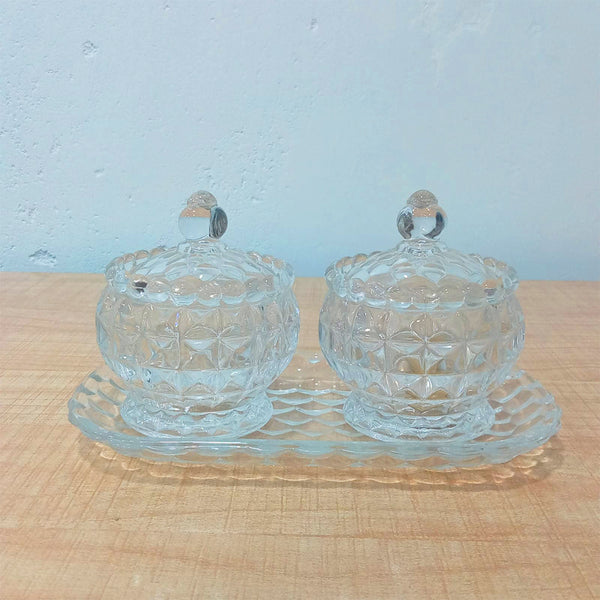 AM5971 Vintage Style Crystal Glass Candy Sugar jar Serving Bowl with Tray, Clear - Set of 3 Pcs