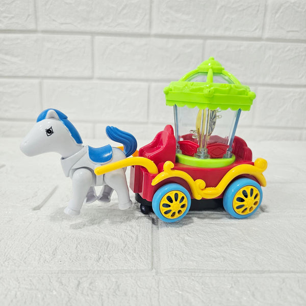 AM6040 Plastic Musical Horse Carriage Toy for Kids, Bump and Go Horse Cart with 360 Degree Rotating Universal Wheal, Battery Operated Horse Cart with Flashing Light, Multicolor, 4+Years (Pack of 1)