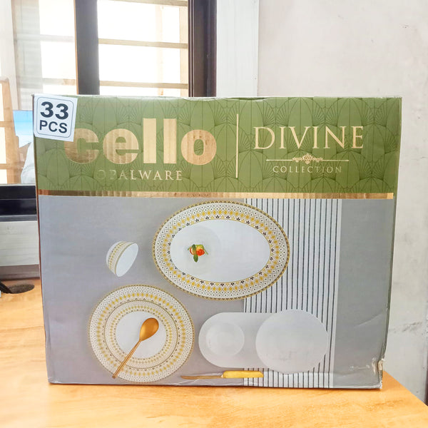 AM5753 Cello Opalware Divine Infinity Dinner Set, 33 Units | Microwave & Dishwasher Safe | Light-Weight & Thermal Resistant | Crockery Set for Dining & Gifting