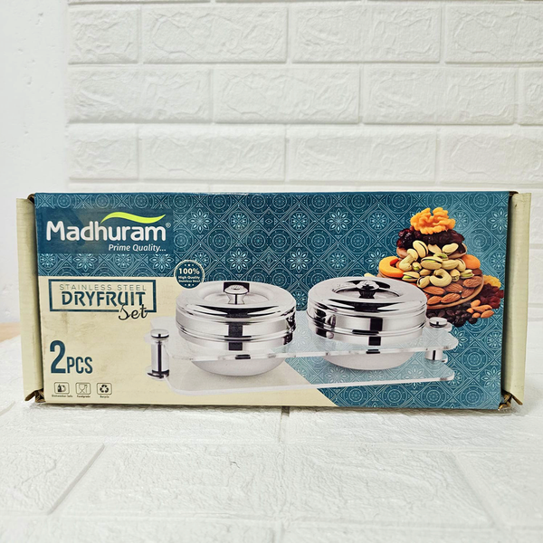 AM6003 Madhuram Stainless Steel Dry Fruit Set – 2 Pcs with Transparent Acrylic Stand