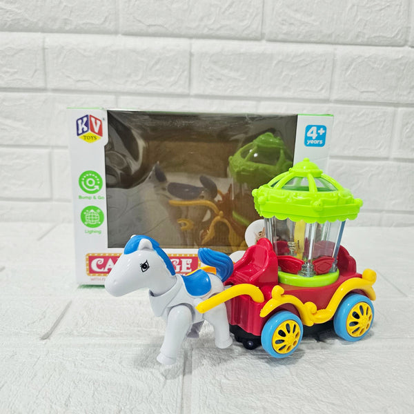AM6040 Plastic Musical Horse Carriage Toy for Kids, Bump and Go Horse Cart with 360 Degree Rotating Universal Wheal, Battery Operated Horse Cart with Flashing Light, Multicolor, 4+Years (Pack of 1)