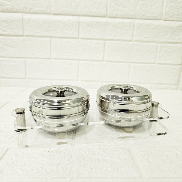 AM6003 Madhuram Stainless Steel Dry Fruit Set – 2 Pcs with Transparent Acrylic Stand