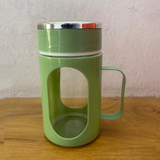 AM5361 Double Wall Glass Mug with Lid-500ml with Plastic Protection and Transparent Window, Handle, and Strainer for Home and Office (Multicolor)