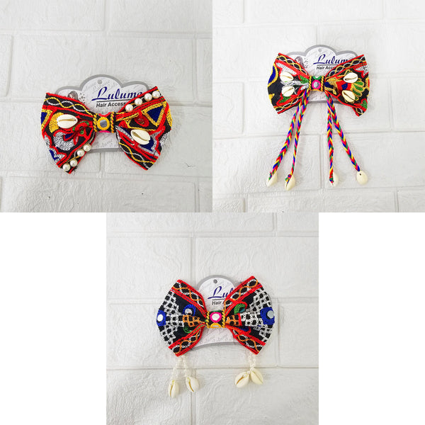 Di0040 Navratri MIx Design Embroidered Bow Hair Clip with Mirror Work & Hanging Shell Beads