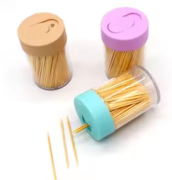 AM2721 Wooden Bamboo Toothpicks 100PCS, Toothpick Dispensers Natural Wood Toothpicks for Teeth Cleaning,, Plastic Toothpick Holder