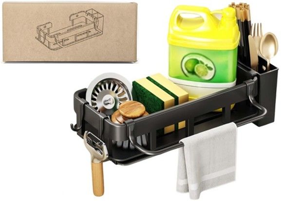 A07044 Multifunctional Kitchen Sink Caddy Organizer with Towel Bar & Cutlery Holder