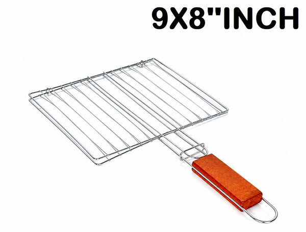 A07046 Stainless Steel Barbecue Roaster Basket Net with Wooden Handle (9 x 8 Inch)