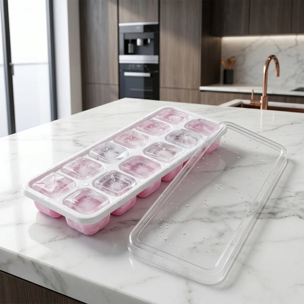 24031 Pink Plastic Ice Cube Tray with Lid - 14 Grid Multipurpose Mold