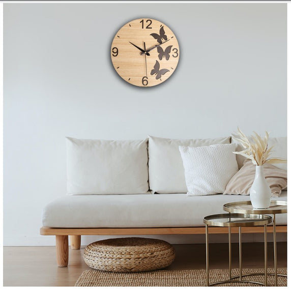 AM0607 Wooden Round Shape  Wall Clock Butterfly design for Home -11.5x11.5