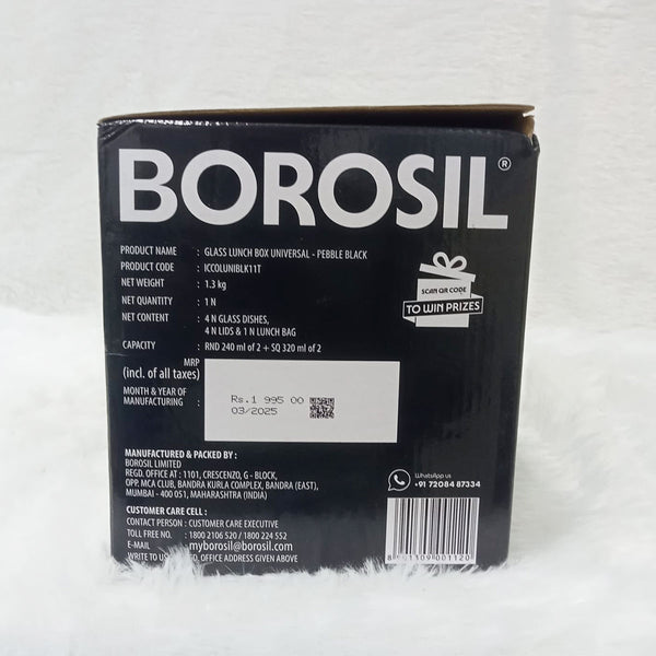 AM6191 Borosil Kube Black Universal Glass Lunchbox, 320ml x 2 + 240ml x 2