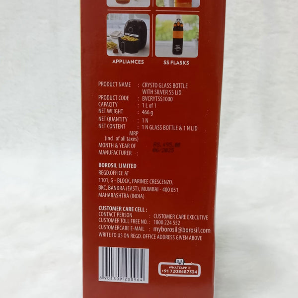 AM6163 Borosil Crysto Slim Glass Bottle with Sliver SS Lid - 1 Ltr