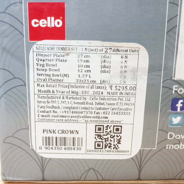 AM5752 Cello Opalware Solitaire Series Sapphire Dinner Set, 27 Units - Opal Glass Dinner Set for 1 | Crockery Set for Festive Ocassions, Parties | White Plate and Bowl Set