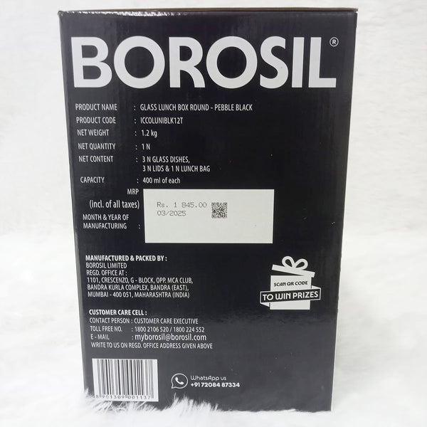 AM6187 Borosil Kube Black Glass Lunch Box, Round x 3 (Tall), Set of 3, 400ml