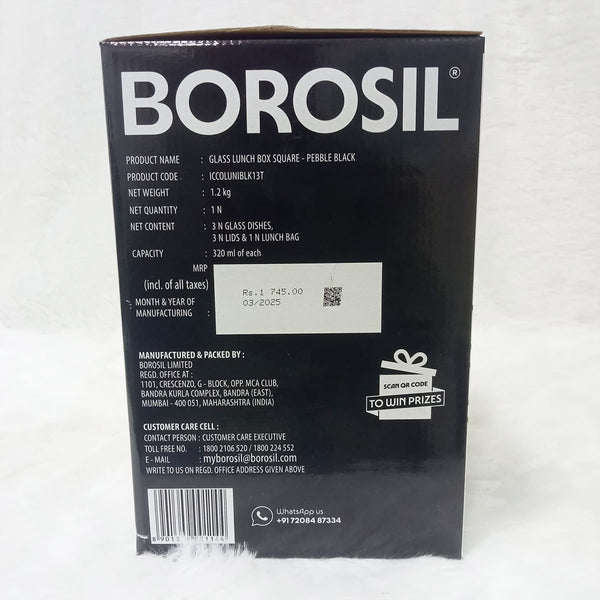 AM6189 Borosil Kube Black Glass Lunch Box, Square x 3 (Tall), Set of 3, 320ml