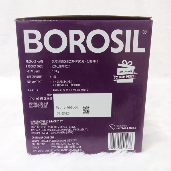 AM6192 Borosil Kube Pink Universal Glass Lunchbox, 320ml x 2 + 240ml x 2