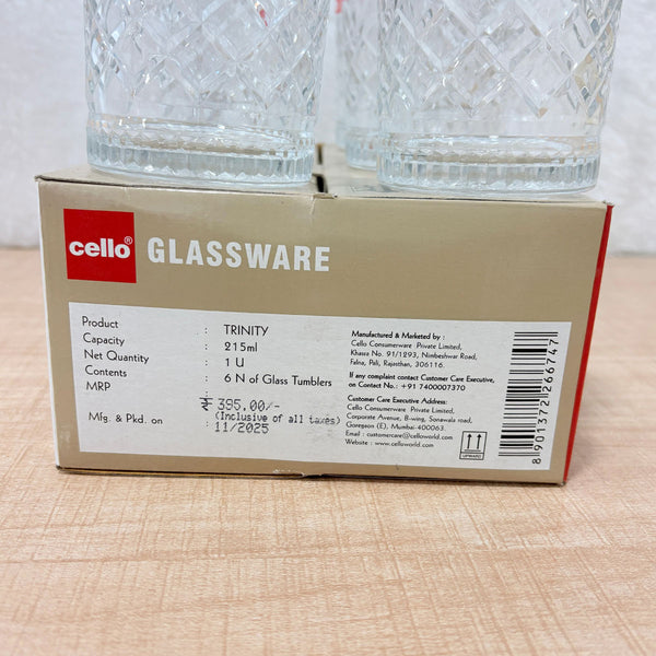 AM6616 Cello Trinity K-Series Glass Tumbler Set, 215ml (Set of 6)