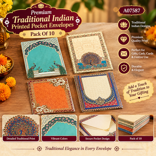 A07587 Premium Traditional Indian Printed Pocket Envelopes [Pack Of 10]