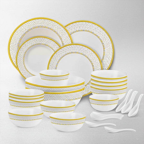 AM5753 Cello Opalware Divine Infinity Dinner Set, 33 Units | Microwave & Dishwasher Safe | Light-Weight & Thermal Resistant | Crockery Set for Dining & Gifting