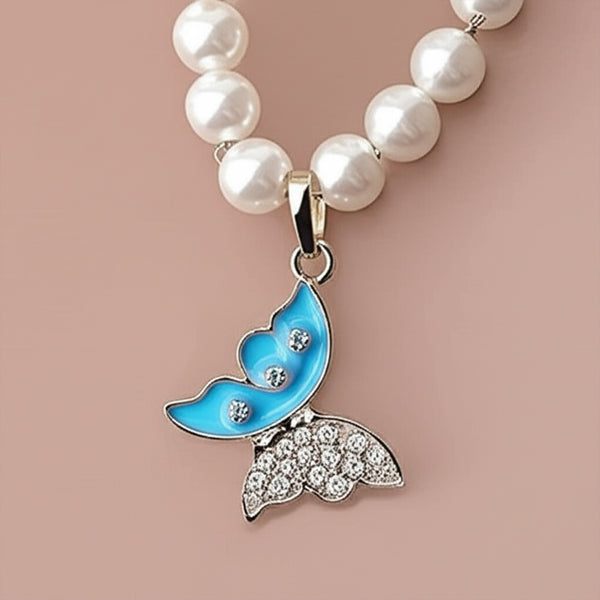 AM5774 Butterfly Pendant Necklace Pearl Jewellery and Pearl Earings- For Women Imitation Pearl Multilayer