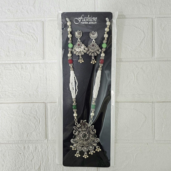 Di0047 Navratri Intricate Oxidized Silver Floral & Jali Necklace with Beaded Earings