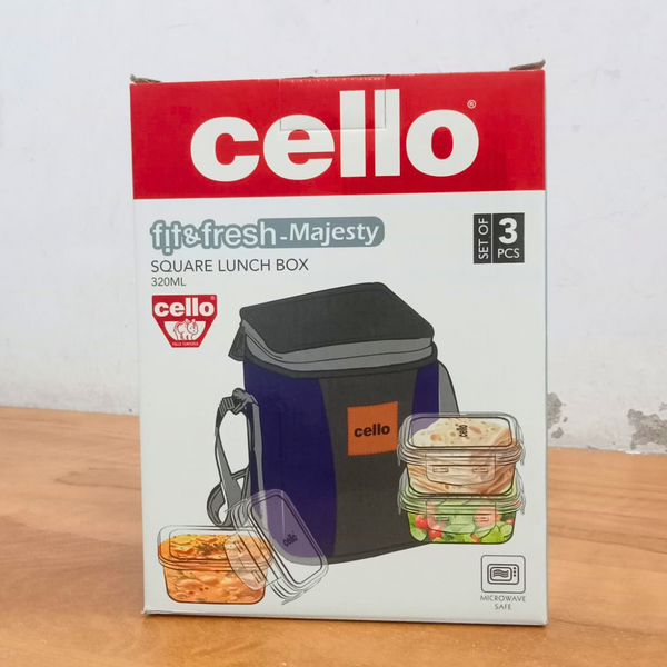 AM5452 CELLO Glassy Square Lunch Box Set of 3 Container with Jacket- each 320m-Microwavable Borosilicate Glass | Leak Proof Design