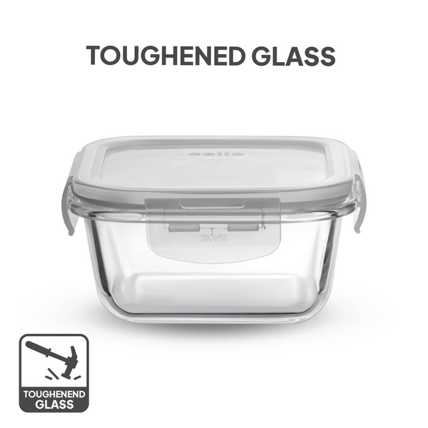 AM5452 CELLO Glassy Square Lunch Box Set of 3 Container with Jacket- each 320m-Microwavable Borosilicate Glass | Leak Proof Design