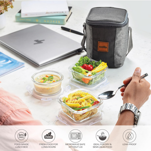 AM5452 CELLO Glassy Square Lunch Box Set of 3 Container with Jacket- each 320m-Microwavable Borosilicate Glass | Leak Proof Design