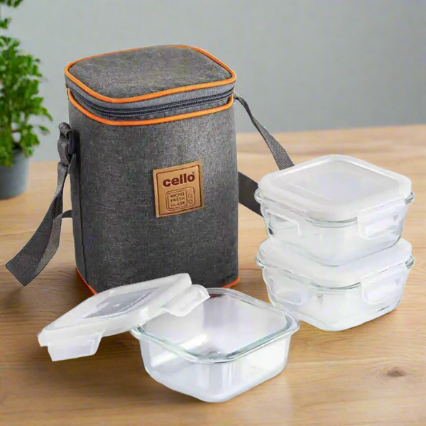 AM5448 Cello Royale Square Glass Lunch Box 320ml x 2 N with Jacket (Vr) (Pack of 2Pc)