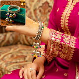 Di0220 Navratri Special Oxidized Silver Bracelet with Colorful Beaded Jhumka Charms