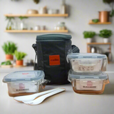 AM5452 CELLO Glassy Square Lunch Box Set of 3 Container with Jacket- each 320m-Microwavable Borosilicate Glass | Leak Proof Design