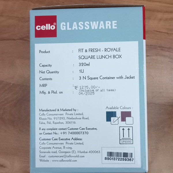 AM5448 Cello Royale Square Glass Lunch Box 320ml x 2 N with Jacket (Vr) (Pack of 2Pc)