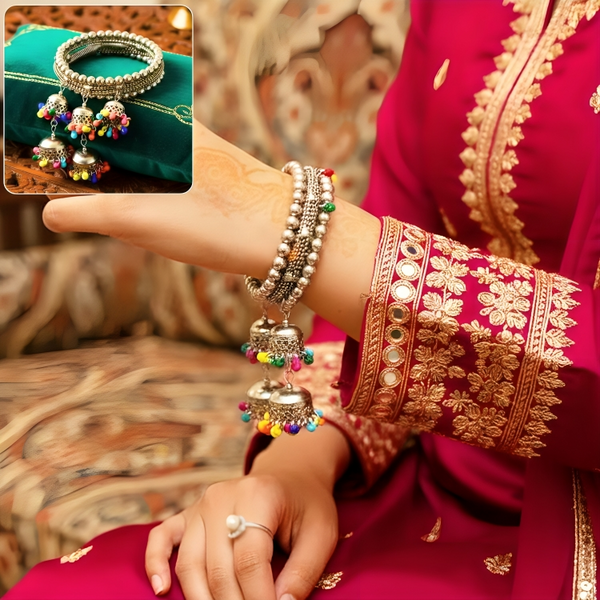 Di0220 Navratri Special Oxidized Silver Bracelet with Colorful Beaded Jhumka Charms