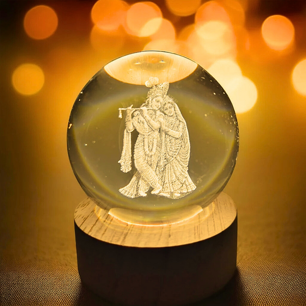 AM5923 3D Radha Krishna Crystal Ball Night Light with Wooden Base, Aesthetic Clear LED Lamp