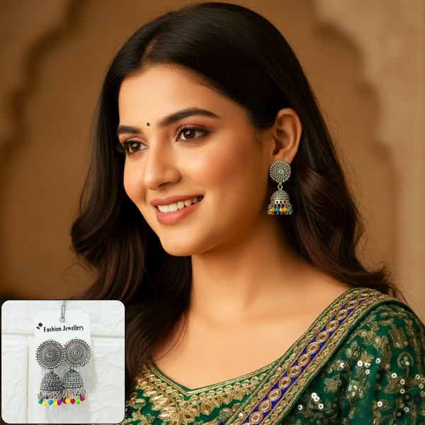Di0302 Oxidized Silver Jhumka Earrings – Traditional & Casual Fashion Jewelry