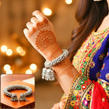 Di0219 Traditional Oxidized Silver Beaded Bracelet with Jhumka Charms