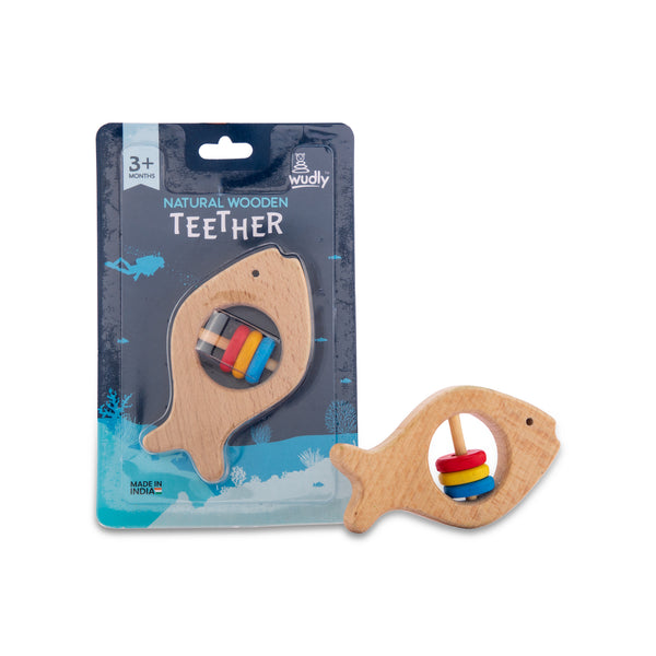 A07124 Wudly Natural Wooden Fish Teether with Colorful Rings for Babies (3+ Months)