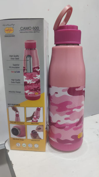 AM0502 600ml Insulated Inner Steel & Outer Plastic Water Bottle with Leak Proof | Wide Mouth |100% Airtight | Easy to Open for Office, Gym, Home, Outdoor, Kids School & Picnic Water Bottle