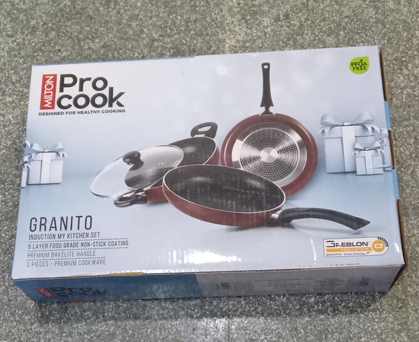 AM0977 Milton Granito Kitchen Set of 3pcs Tawa 28cm,Fry Pan 24cm and Kadhai 24cm with Glass Lid Induction Bottom Non-Stick Coated Cookware Set (Aluminium, 3 - Piece)