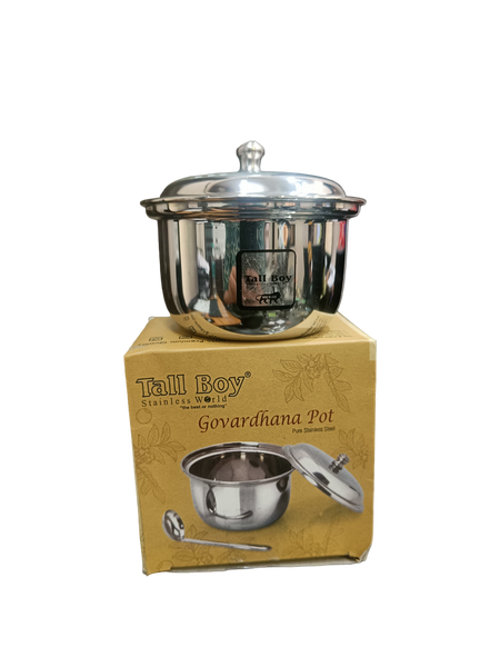 AM2211 Tall Boy Plain ss Govardhana Ghee Pot with Lid and Spoon 200ml