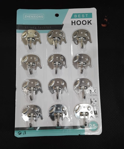 AM2169 Best Hook Elephant Shape 12Pcs Steel Silver Hooks for Wall Hanging, Kitchen, Bathroom