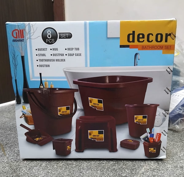 AM2473 Decor Bathroom set 8Pcs Bucket, Mug, Deep Tub, Stool, Dustpan, Soap Case, Toothbrush Holder, Dustbin